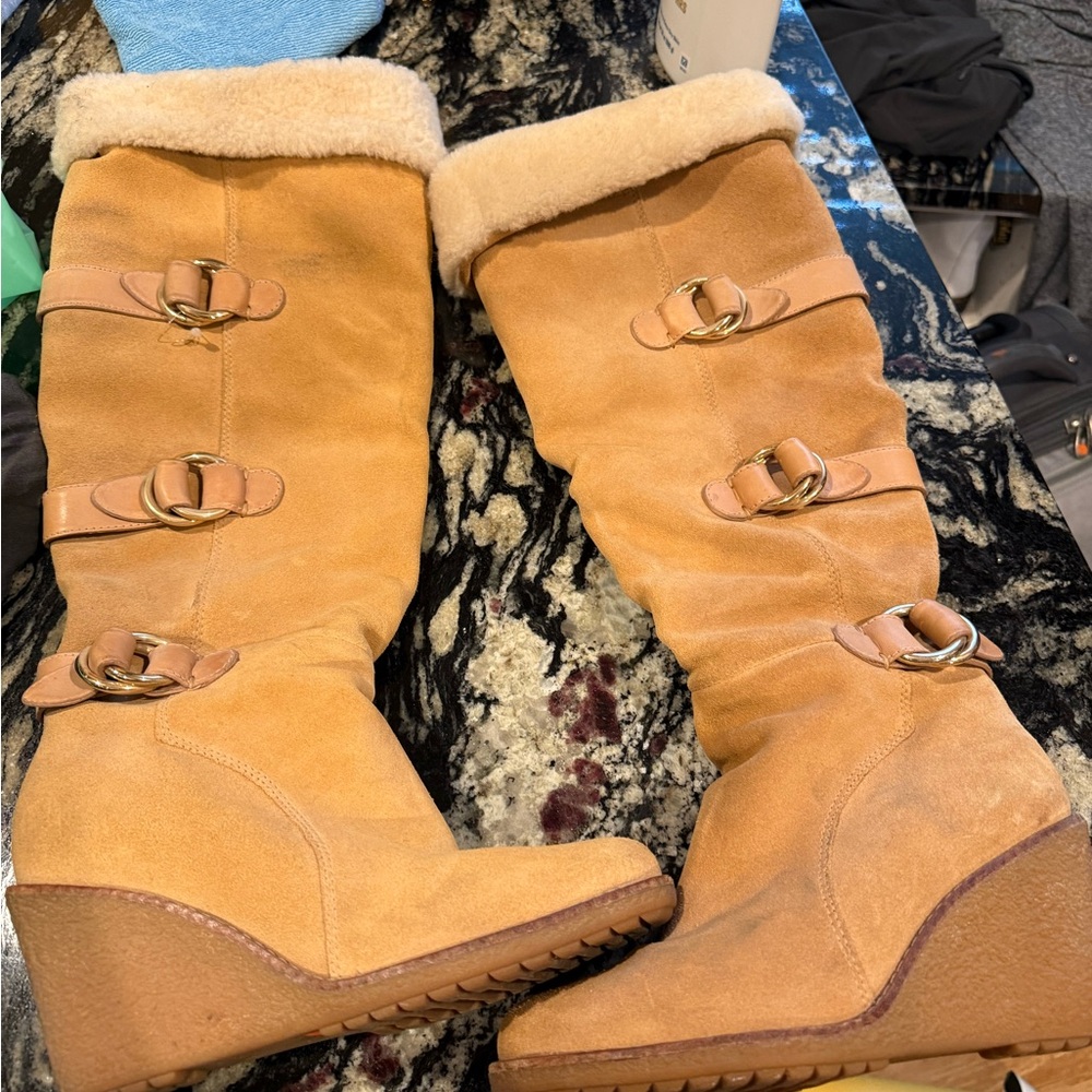 Cole Haan Tan Wedge Boots with Buckles